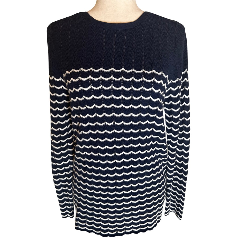 J.McLaughlin Sweater Women L Navy Blue Scalloped Wave Knit Long Sleeve